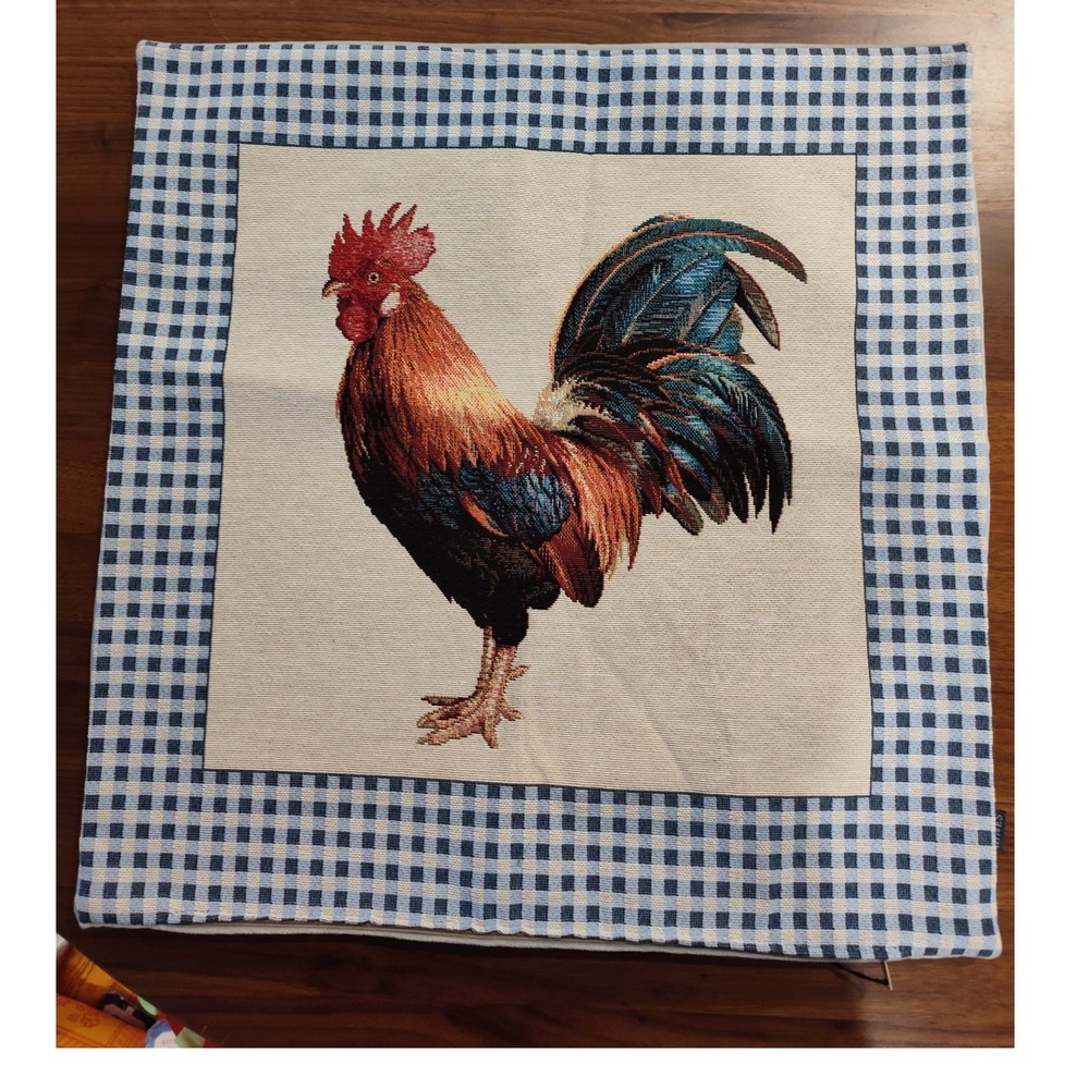 Hines of Oxford Rooster Blue Gingham Tapestry Pillow Cover Velvet Back England